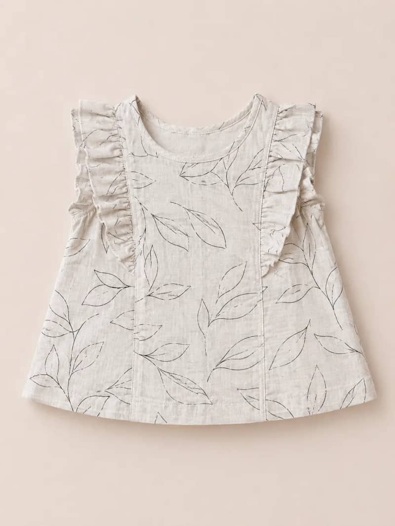 Beige Leaf Print Ruffle Sleeve Top