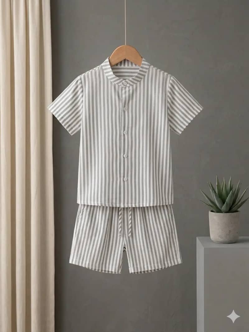 Kids' Mandarin Collar Striped Summer Set - Lightweight Cotton Button-Down Shirt & Shorts