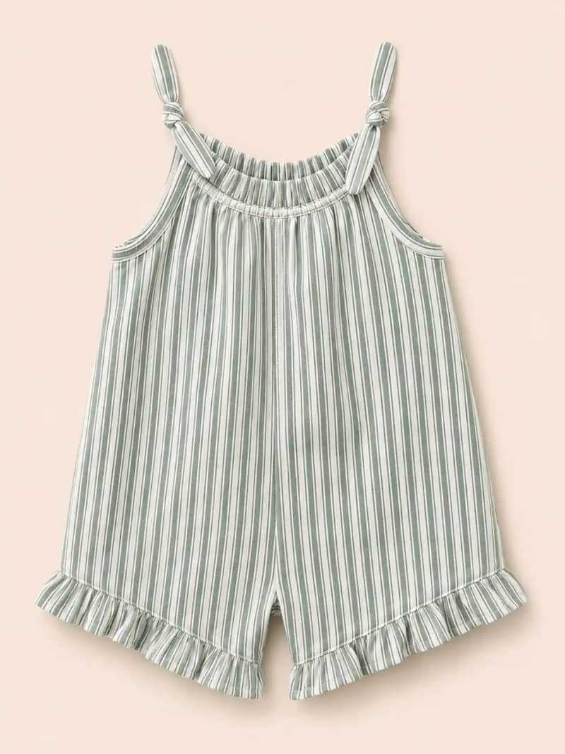 Sage Stripe Knotted Strap Ruffle Romper