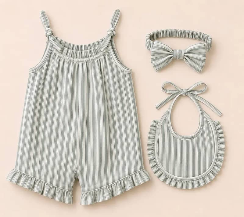 Sage Stripe Knotted Strap Ruffle Romper