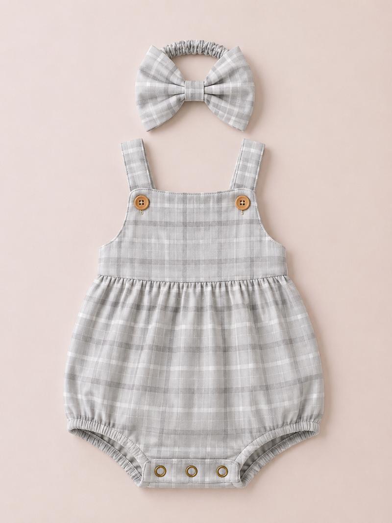 Grey check bubble romper with Headband