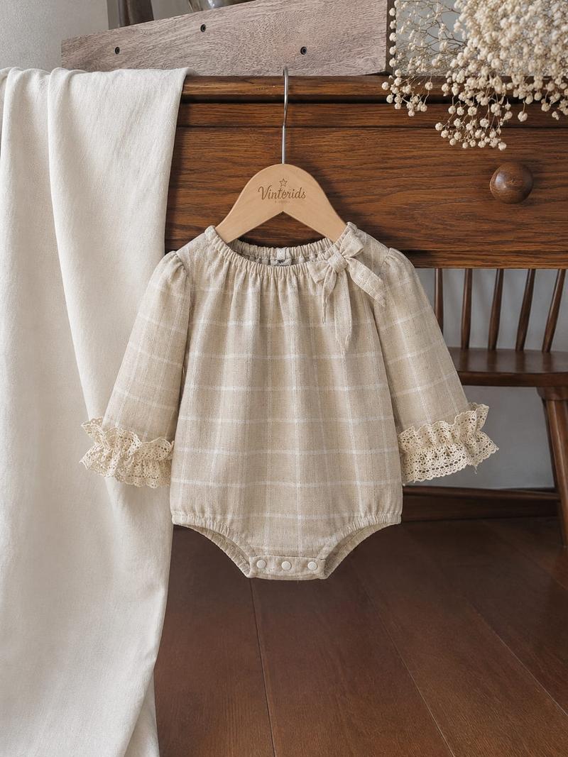 Festive Vintage Beige Grid Plaid Baby Girl Romper with Lace Ruffles