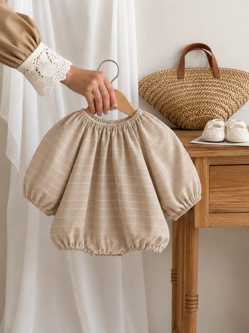 Vintage Beige Grid Plaid Baby Bubble Romper