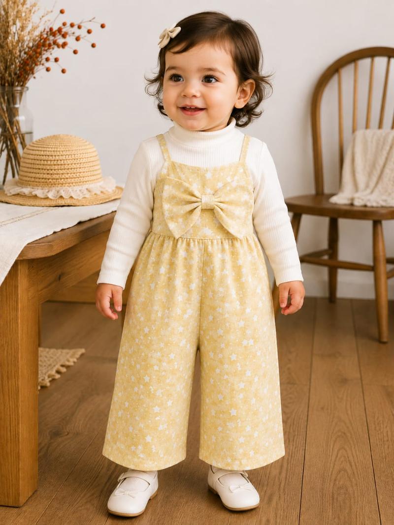 Cute Yellow Star Print Baby Jumpsuit Set with Front Bow