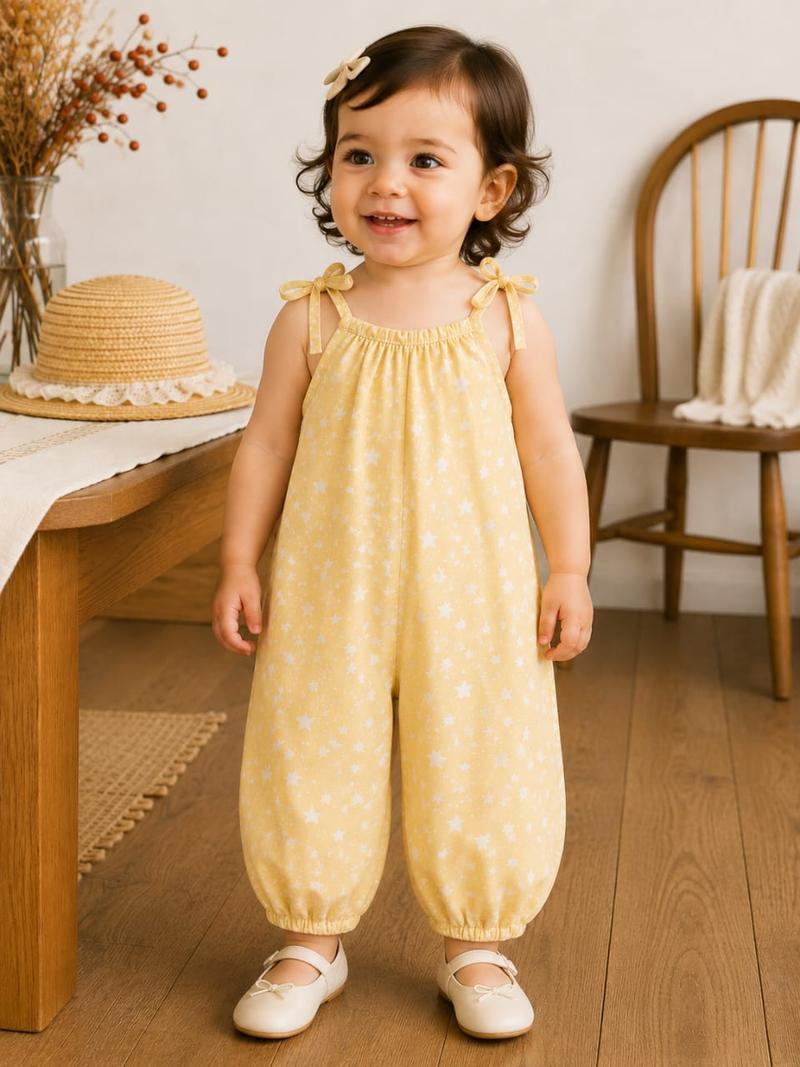 Cute Yellow Star Print Baby Sleeveless Jumpsuit with Tie Straps