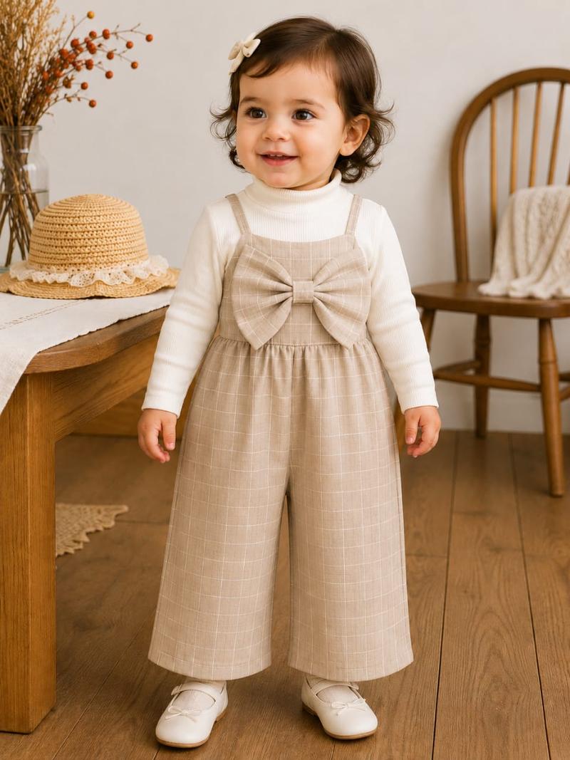 Vintage Beige Plaid Baby Jumpsuit Set with Front Bow