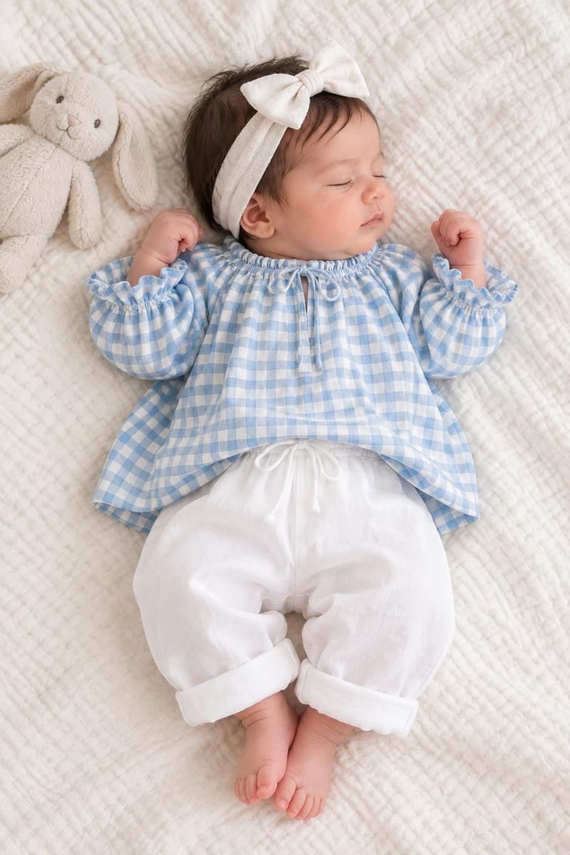 Baby Girls Sky Blue Checkered Peasant Top & Trouser Set