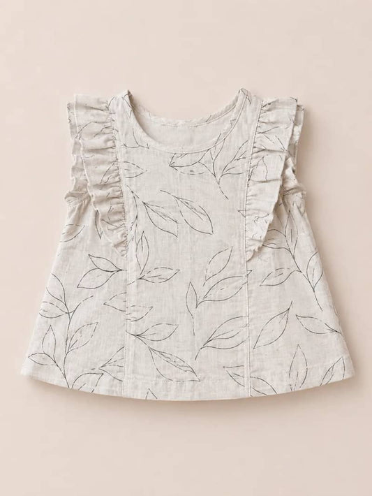 Beige Leaf Print Ruffle Sleeve Top