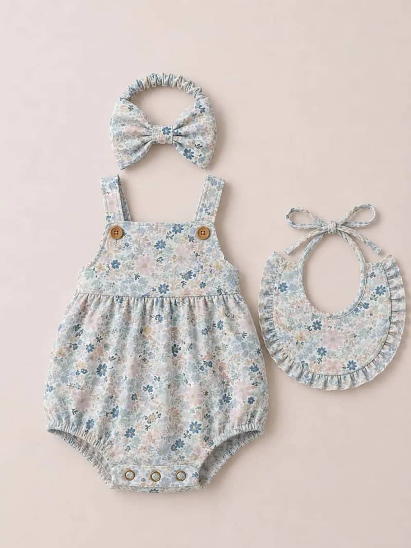 Baby Girls' Ditsy Floral Cotton Romper 3-Piece Set with Headband & Bib