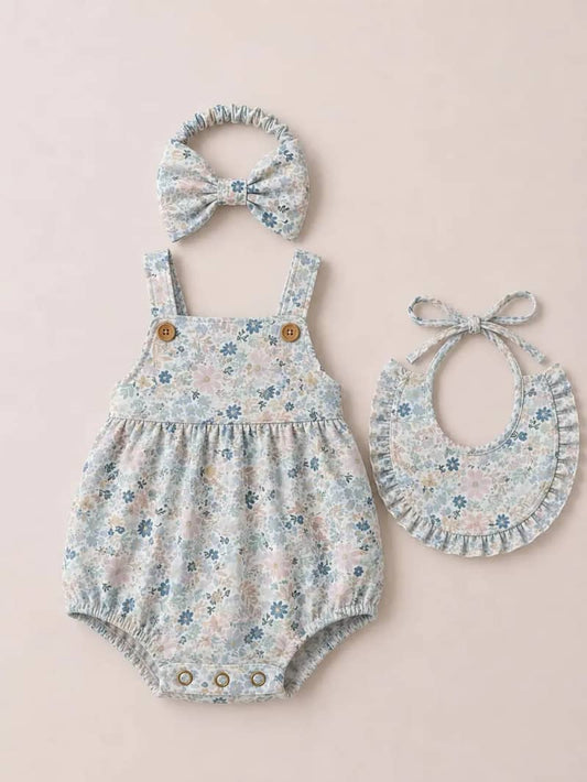 Baby Girls' Ditsy Floral Cotton Romper 3-Piece Set with Headband & Bib