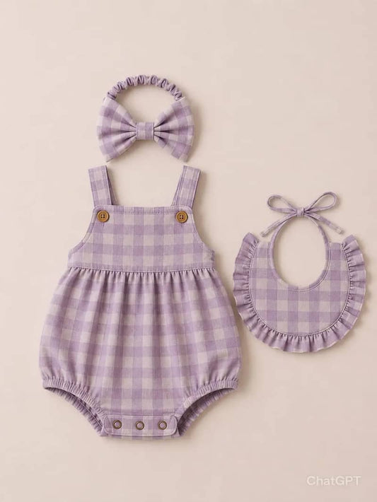 Baby Girls' Lavender Gingham Cotton Romper 3-Piece Set with Headband & Bib