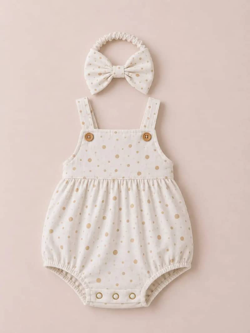 Baby Girls' Polka Dot Cotton Romper with Bow Headband Set