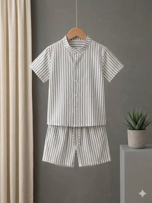 Kids' Mandarin Collar Striped Summer Set - Lightweight Cotton Button-Down Shirt & Shorts