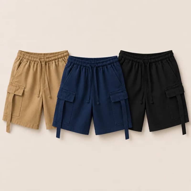 AMA Little Kids Cargo Shorts Pack of 3 – Beige, Navy Blue & Black Soft Cotton Summer Shorts for Boys