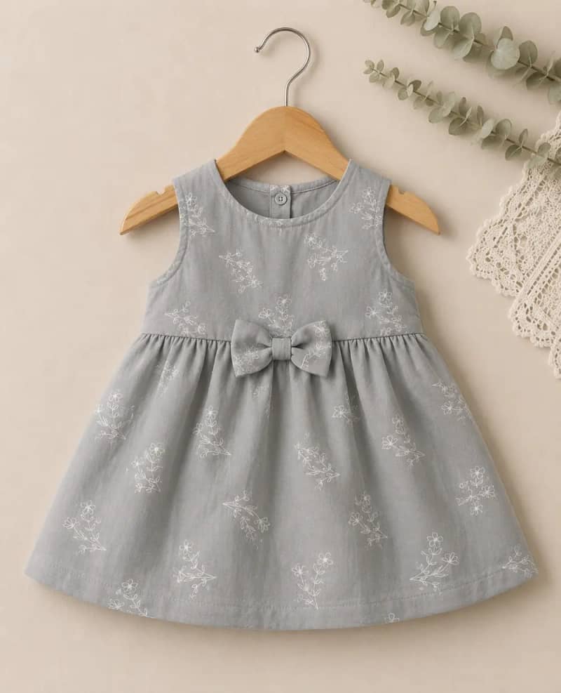 Girls Grey Floral Bow Sleeveless Dress