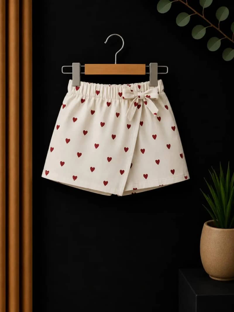 Heart Print Bow Detail Cotton Skirt