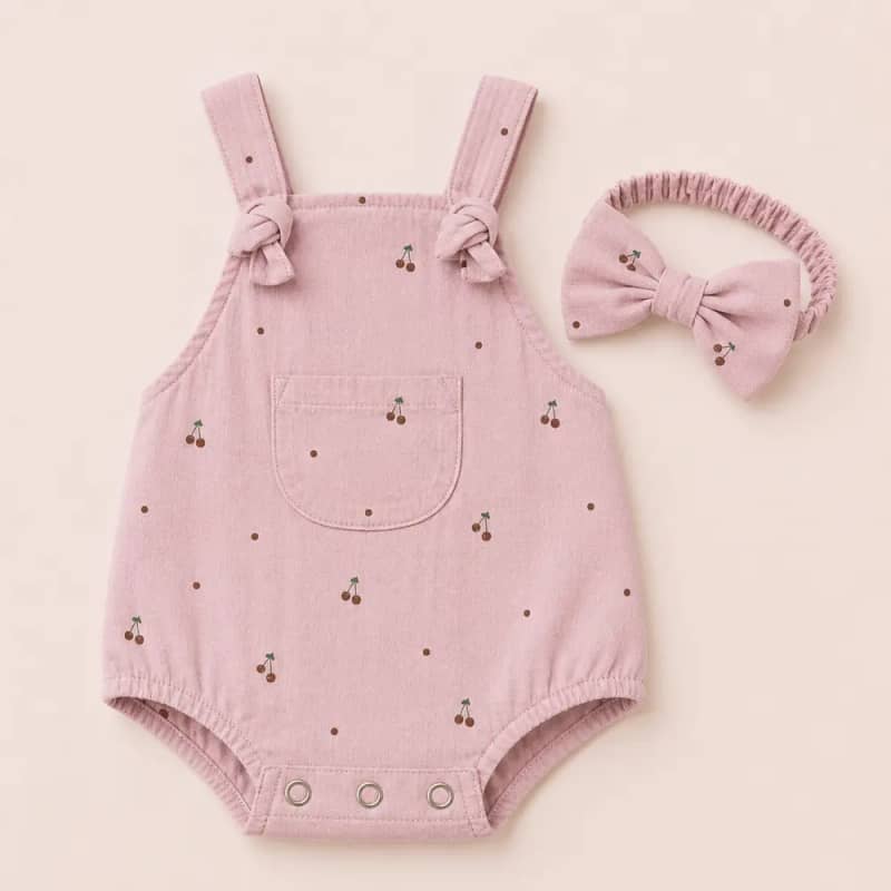 Cherry Print Cotton Romper Set with Headband