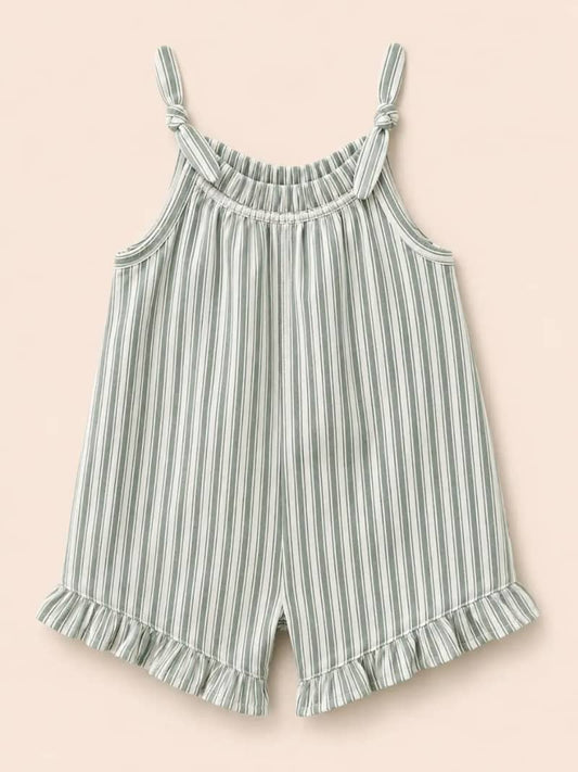 Sage Stripe Knotted Strap Ruffle Romper