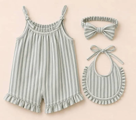 Sage Stripe Knotted Strap Ruffle Romper