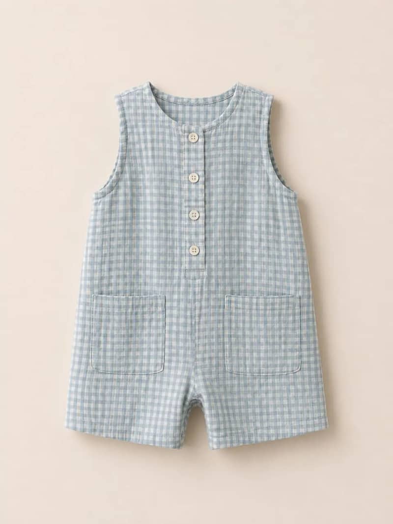 Blue Gingham Sleeveless Cotton Romper