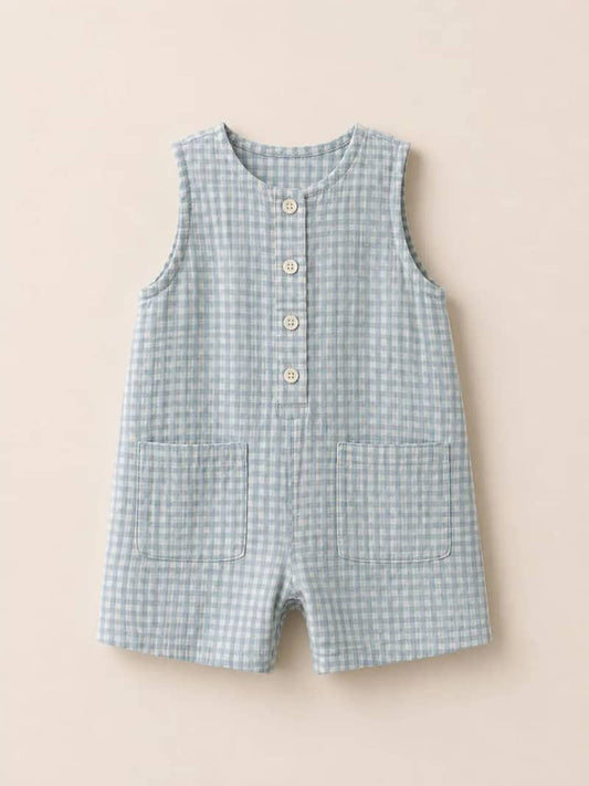 Blue Gingham Sleeveless Cotton Romper