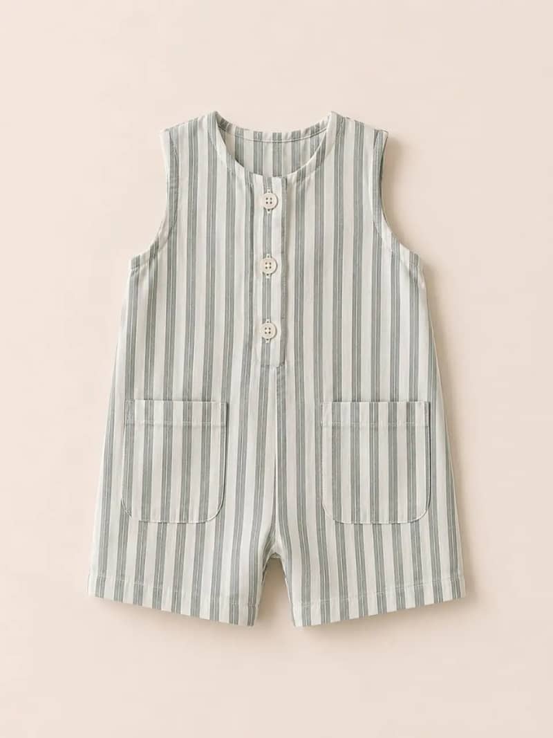 Sage Stripe Button-Front Cotton Romper