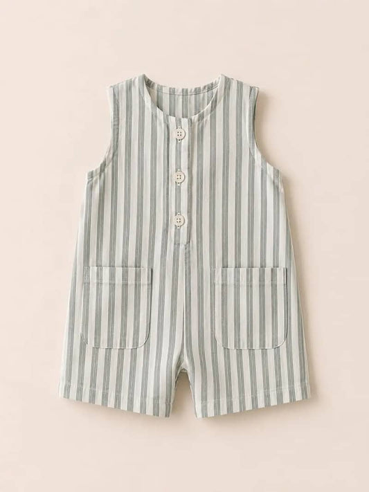 Sage Stripe Button-Front Cotton Romper