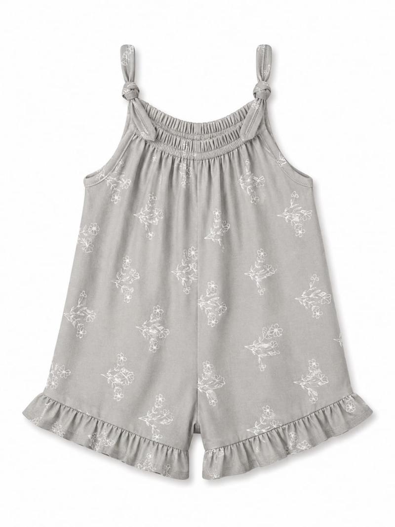 Grey Floral Ruffle-Hem Knotted Strap Romper