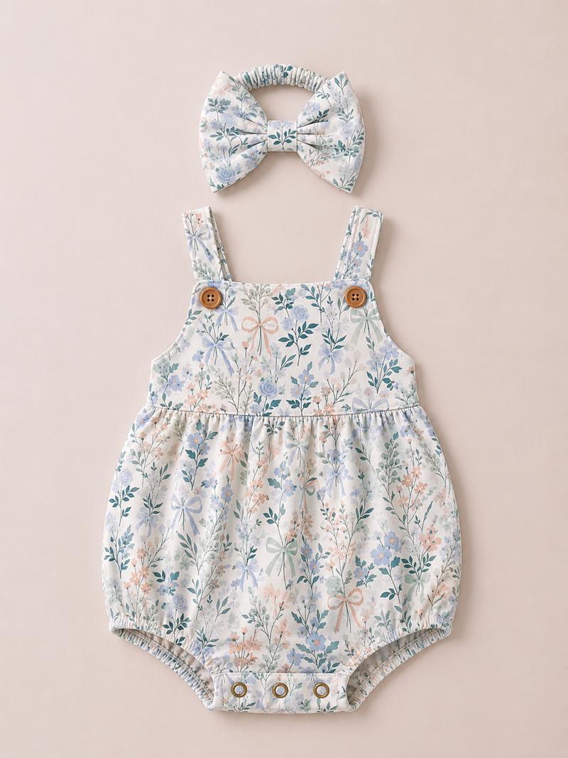 Floral and bow print Romper with headband