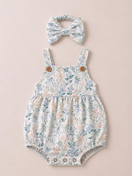 Floral and bow print Romper with headband