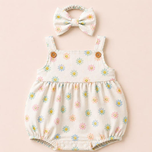 Smiley Daisy Bubble Romper with Headband