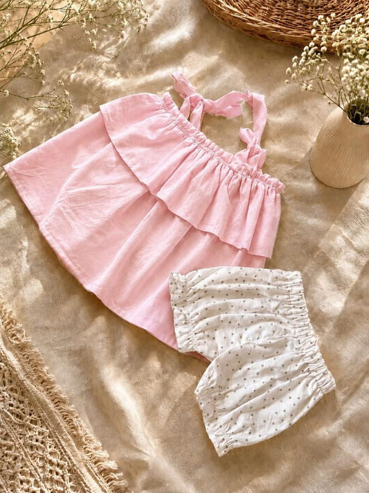 Pink Ruffle Top with Polka Dot Bloomers Set