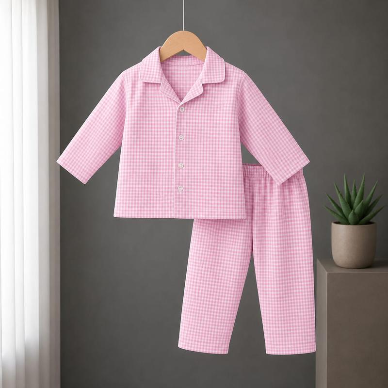 Pink Gingham Kids Cotton Night Suit – Soft 2-Piece Pajama Set