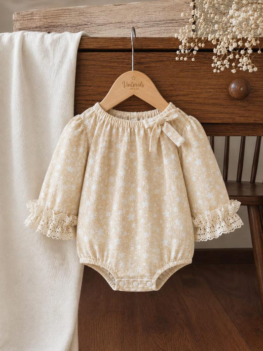 Festive Vintage Cream Star-Printed Baby Girl Romper with Lace Ruffles