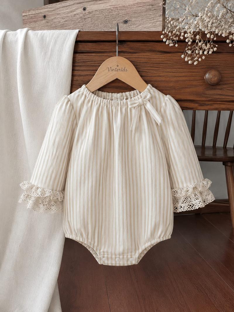 Festive Vintage Cream Striped Baby Girl Romper with Lace Ruffles