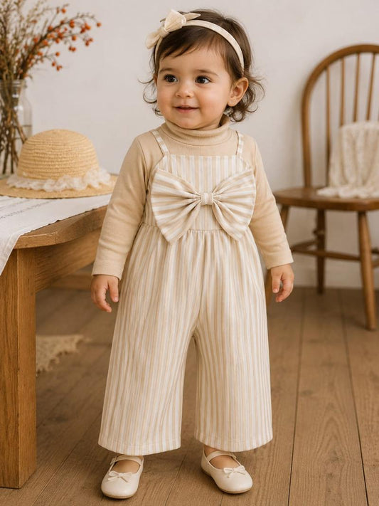Vintage Beige Striped Girl Jumpsuit Set with Front Bow