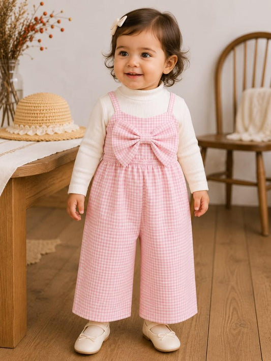 Cute Pink Gingham Girl Jumpsuit Set with Front Bow