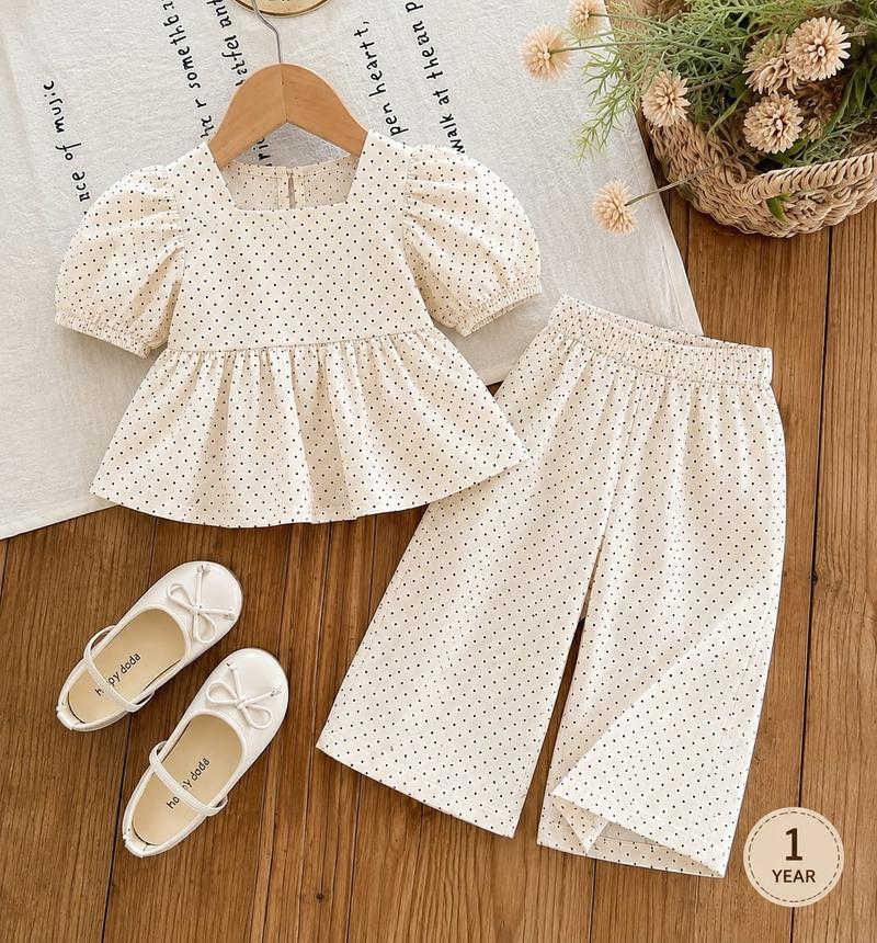 OFF White Polka Dot Girls Co-Ord Set (Top & Pants)