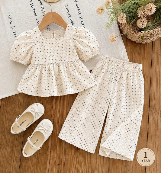 OFF White Polka Dot Girls Co-Ord Set (Top & Pants)