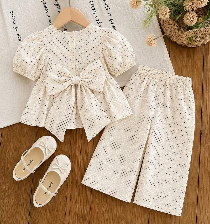 OFF White Polka Dot Girls Co-Ord Set (Top & Pants)