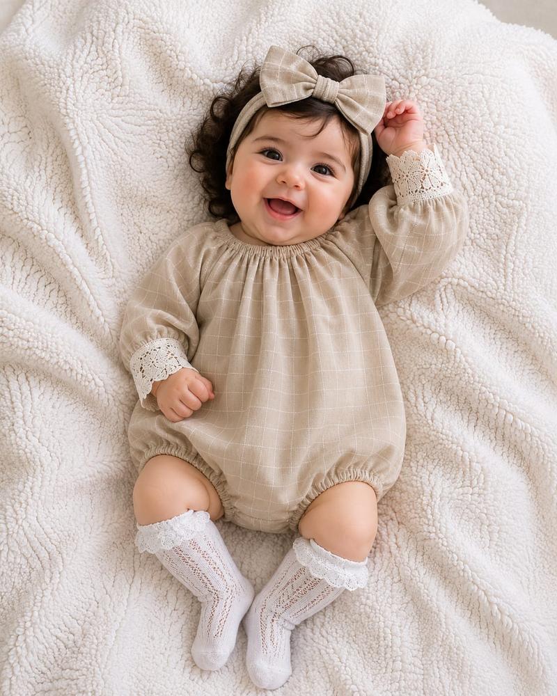 Elegant Check Baby Romper with Lace Sleeves & Headband