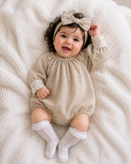 Elegant Check Baby Romper with Lace Sleeves & Headband