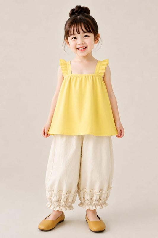 Sunshine Yellow Ruffle & Lace Bloom Two-Piece Set
