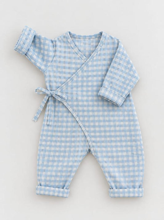 Baby Sky Blue Checkered Kimono Romper