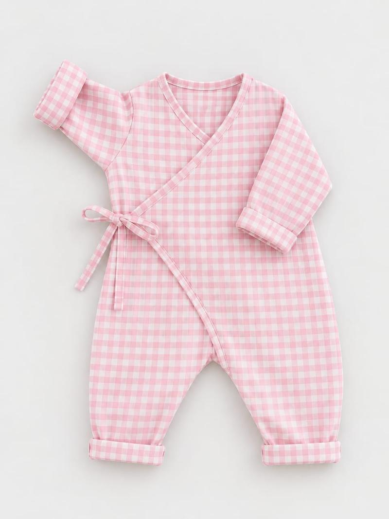Baby Soft Pink Checkered Kimono Romper