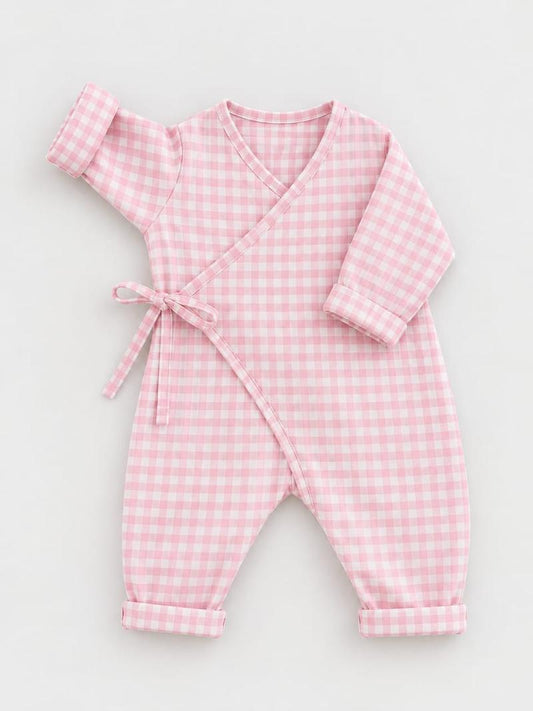 Baby Soft Pink Checkered Kimono Romper