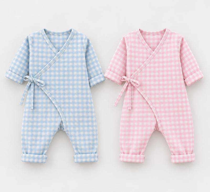 2-Pack Newborn Gingham Kimono Romper Set (Blue & Pink)