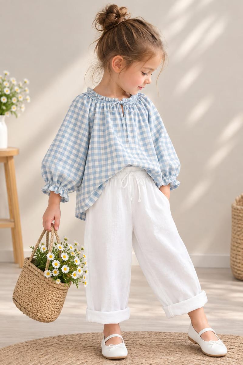 Girls Sky Blue Checkered Peasant Top & Trouser Set