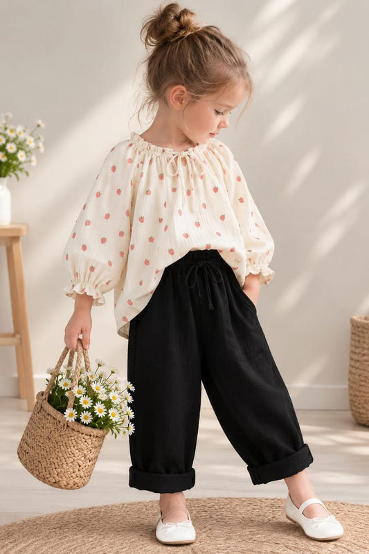 Girls Sweet Strawberry Print Top & Black Trouser Set
