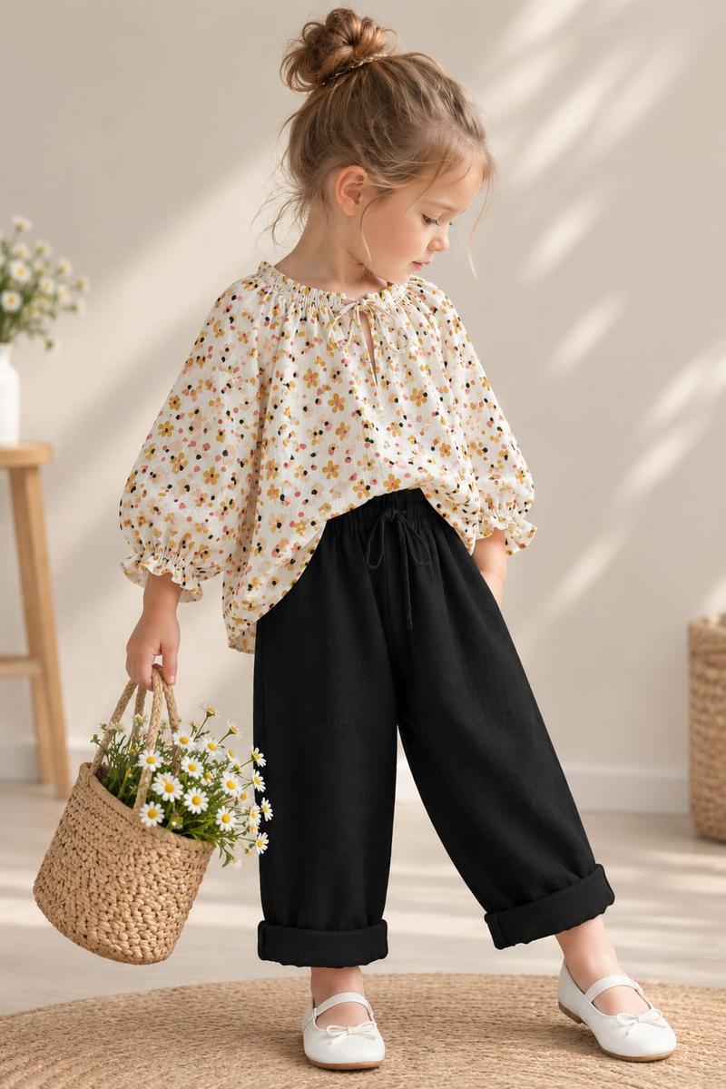 Girls Mustard Floral Peasant Top & Black Trouser Set